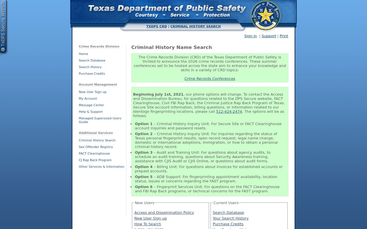 Texas DPS name search details for Lubbock County criminal records