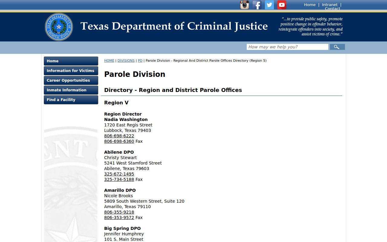 TDCJ parole office for Lubbock County criminal supervision records