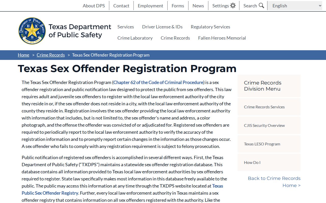 Lubbock County sex offender registry program information from Texas DPS
