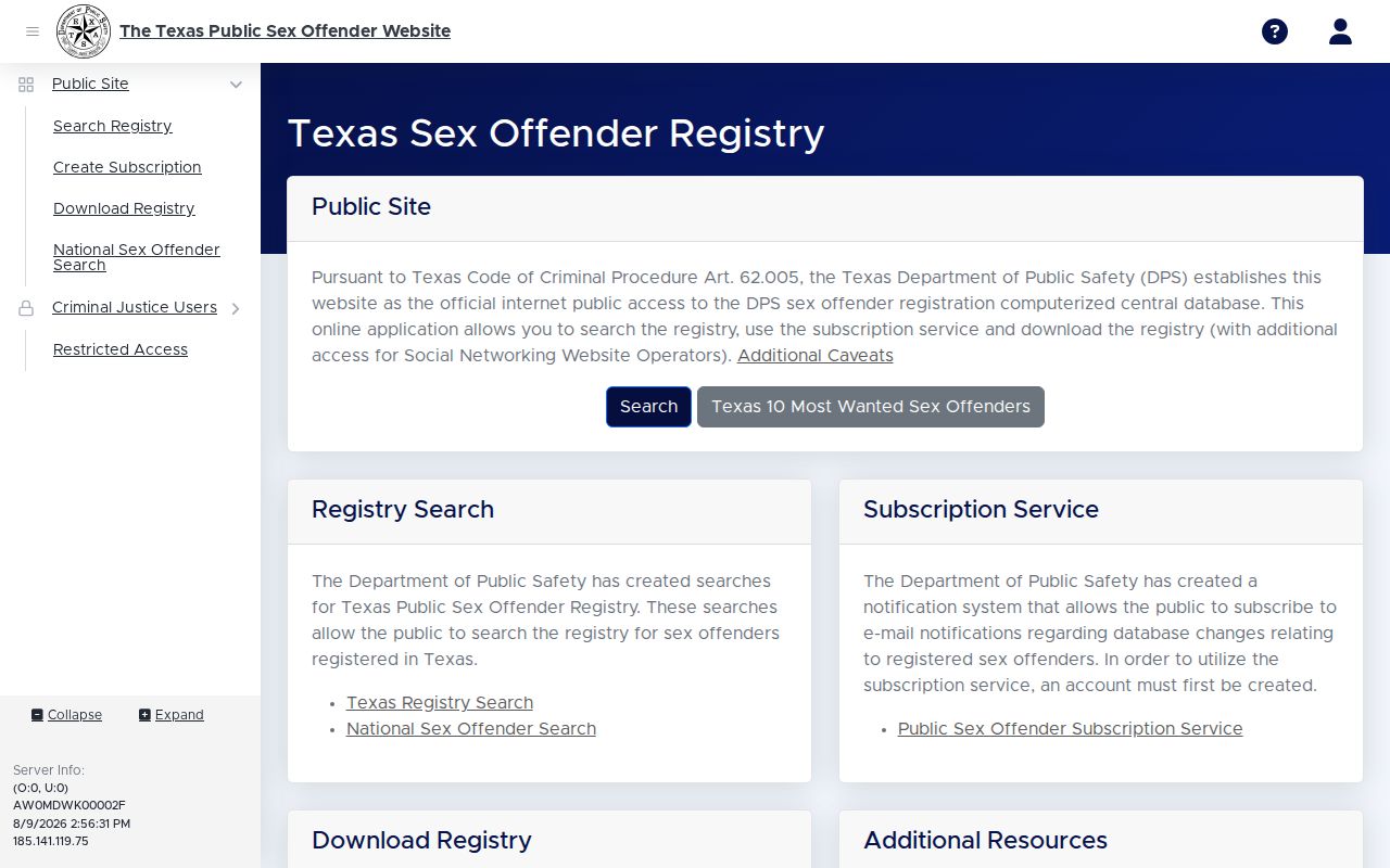 Lubbock County sex offender search form in the Texas DPS registry